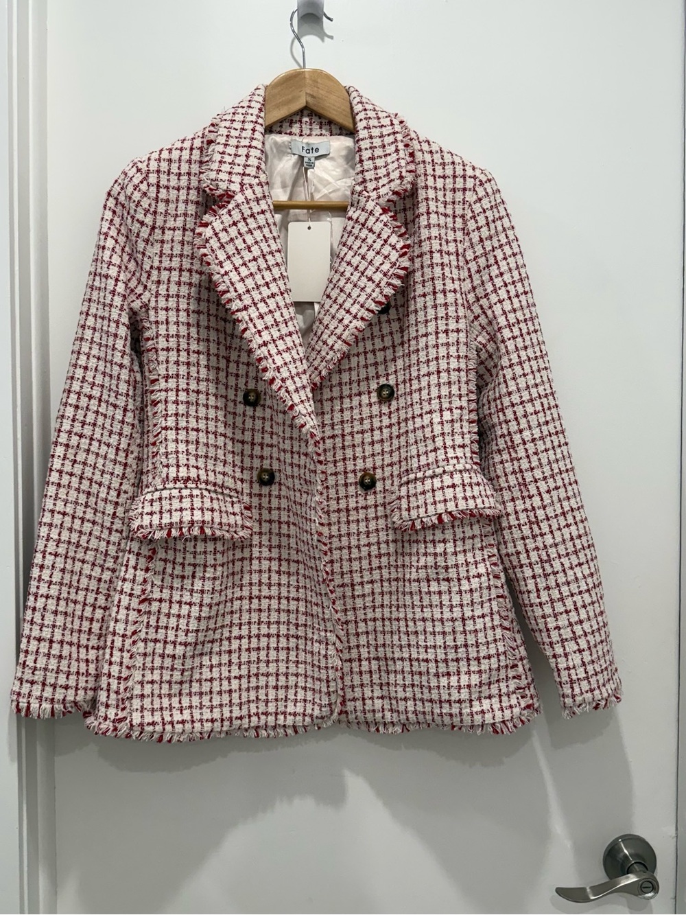 Fate Red Cream Plaid Tweed Blazer Double Breasted Fringe Size S